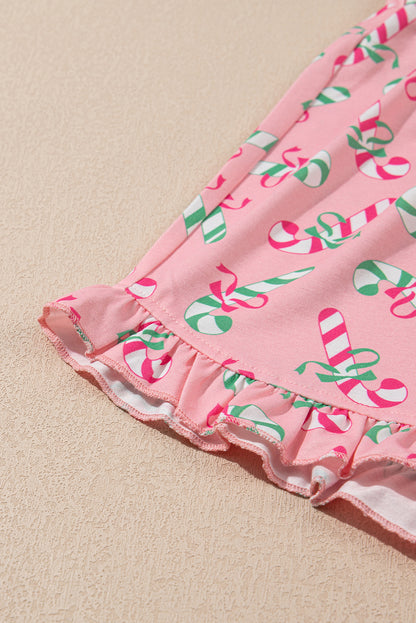 Pink Christmas Candy Cane Print Pocketed Knotted Pajama Set