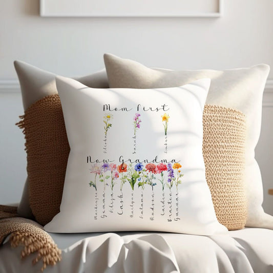 Mom First, Now Grandma Birth Flower Pillow Cover