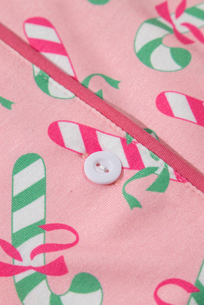 Pink Christmas Candy Cane Print Pocketed Knotted Pajama Set