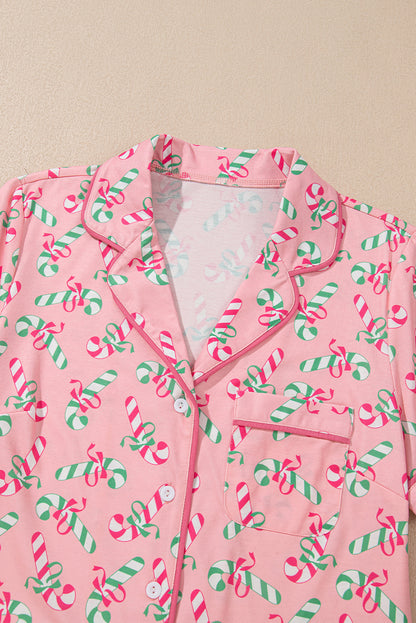 Pink Christmas Candy Cane Print Pocketed Knotted Pajama Set