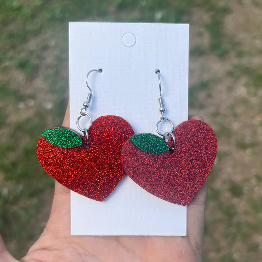 Apple Heart Glitter Dangle Earrings