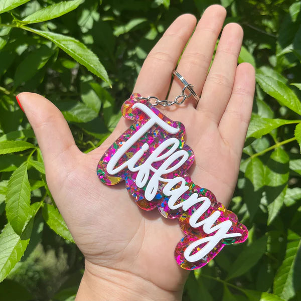 Personalized White and Pink Confetti Acrylic Keychain