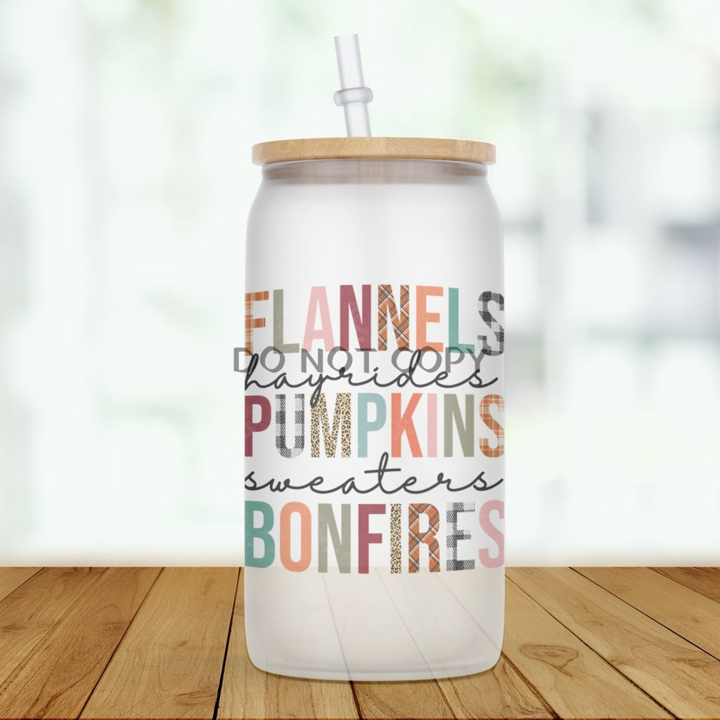 Flannels Hayrides Pumpkins Glass Can