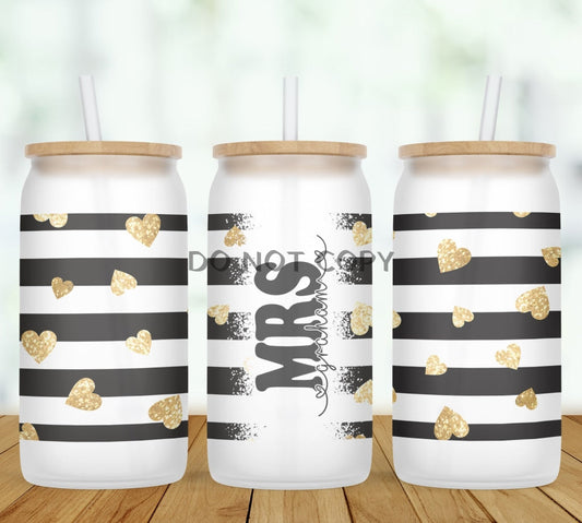 Gold Heart Stripe Personalized Glass Can