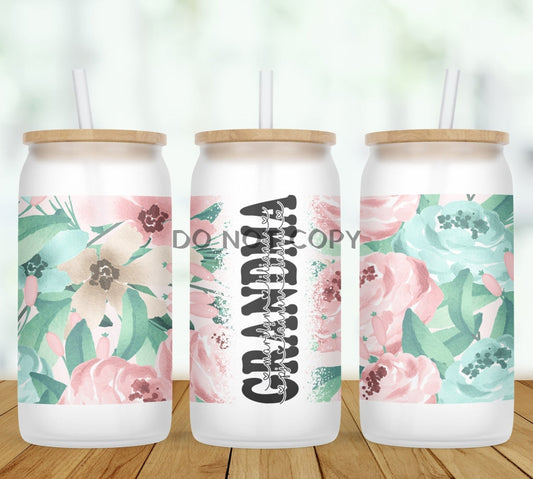 Mint Pink Floral Personalized Glass Can